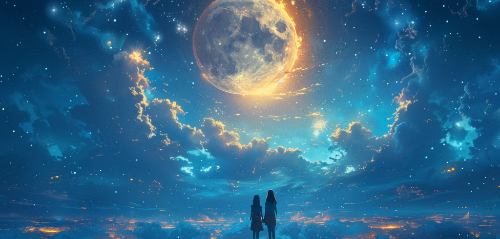 moon in a cloudy sky with a silhouette of a couple gazing at it