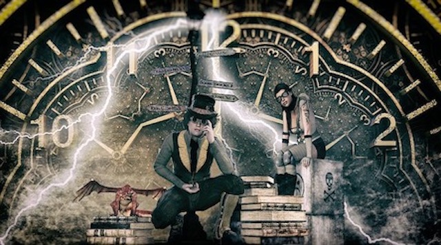 Steampunk man crouched down in front of a clock.