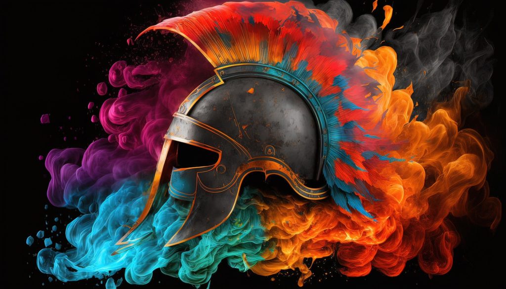 A Roman warrior Helmut surrounded by different color smoke 