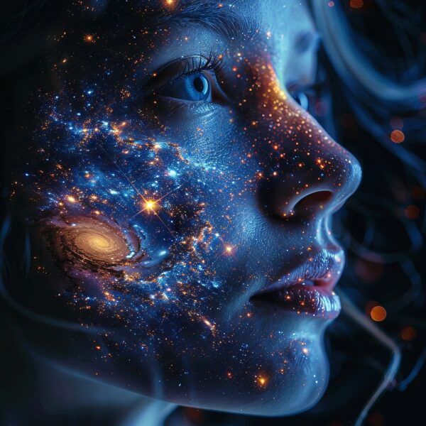 Woman with the universe in her blue face
