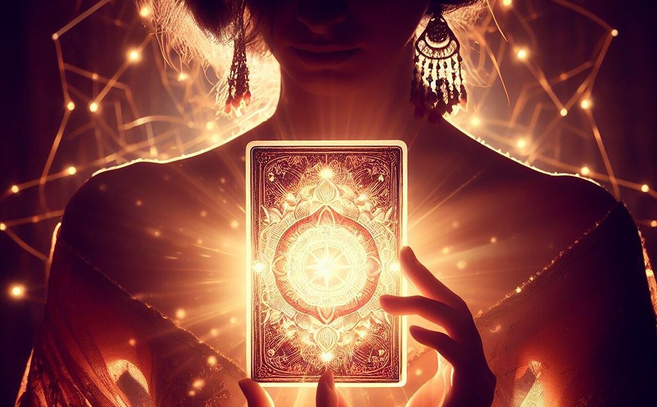 Illuminated Tarot card held by a silhouette of a woman