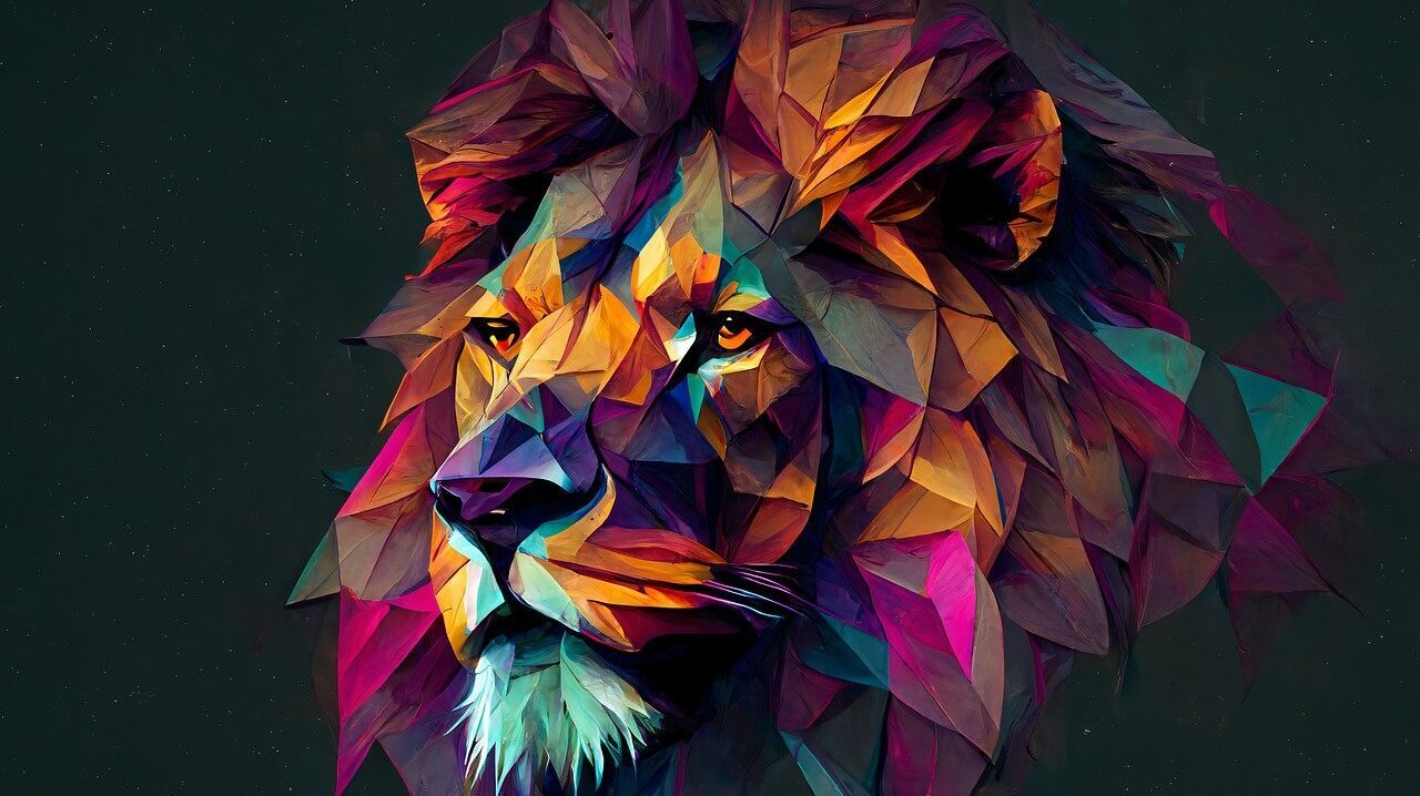 Multi colored artistic rendition of a Lion