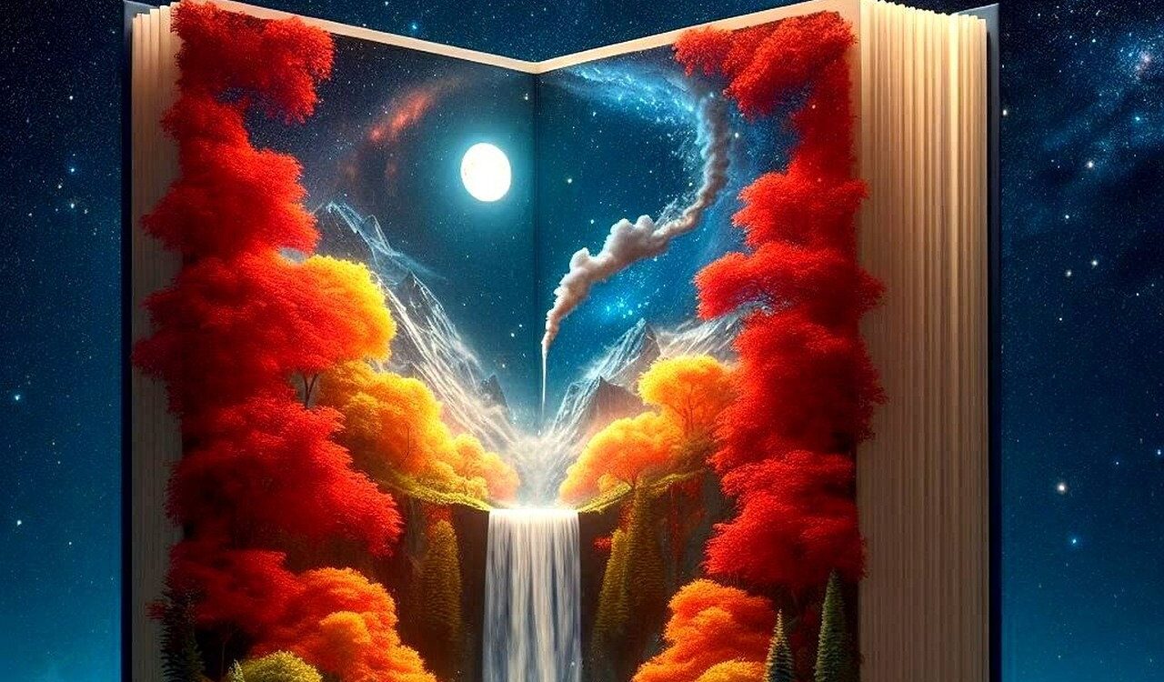 a book with a waterfall and a moon in the sky