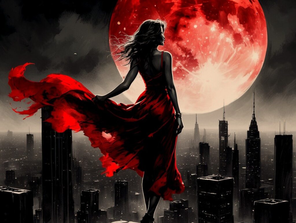 Lady in red dress infront of the moon