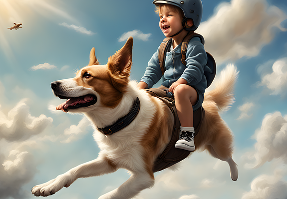 Boy flying on a dog above the clouds