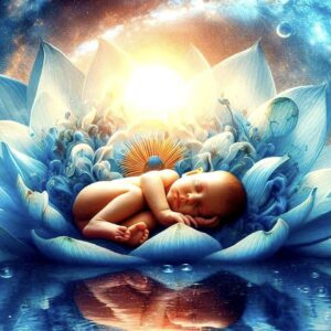 new born baby in a lotus on water with the moon in the background