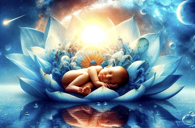 new born baby in a lotus on water with the moon in the background