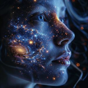 Blue woman's face with cosmos