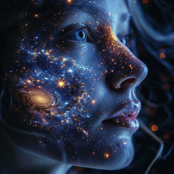 Blue woman's face with cosmos