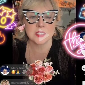 Mary wearing black and white glasses with live stream gifts floating around her.