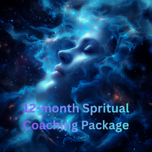 woman's upturned face with eyes closed in ethereal blue clouds with text 12-month spiritual coaching package