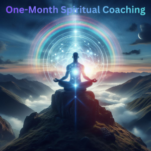 silhouette of person in meditation pose on top of mountain with circular light radiating from the person with text one-month spiritual coaching