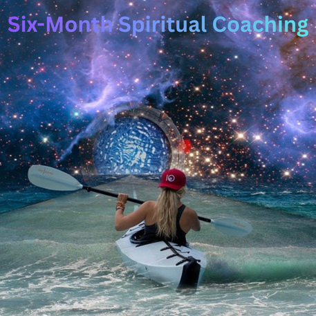 woman in a boat paddling toward the cosmos with text six-month spiritual coaching