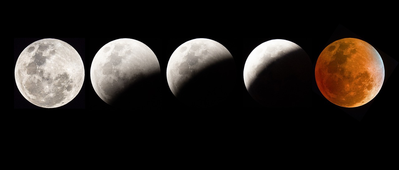 Five moons in various stages of eclipse culminating In a full blood moon