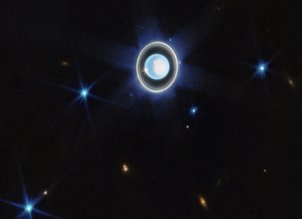 Uranus with illumines ring around and scattered stars on a black space background