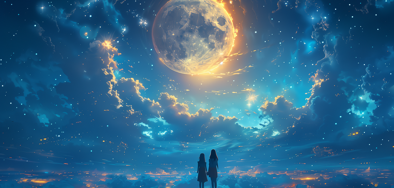 moon in a cloudy sky with a silhouette of a couple gazing at it