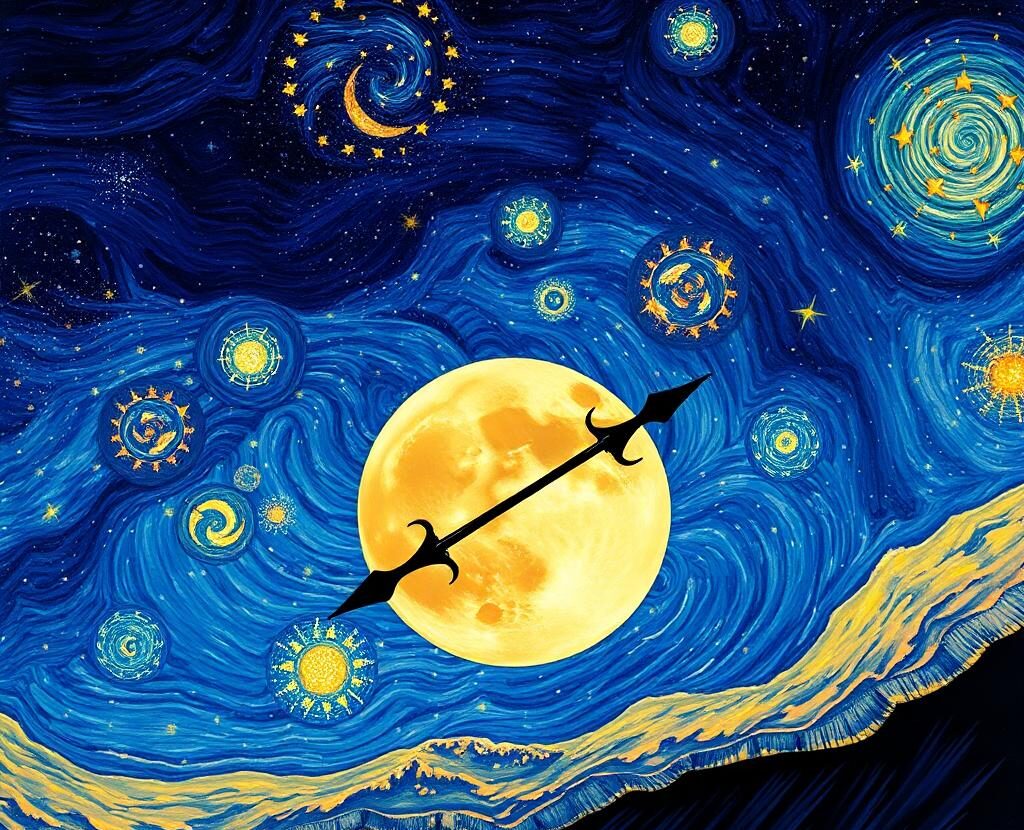 Surreal night scene: a bright full moon with a black spear-like line crossing it, set against swirling blue skies with glowing orbs and stars.