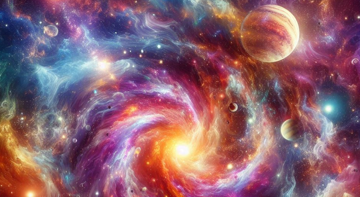 Colorful spiral galaxy with a bright central core and swirling nebulae, dotted with planets, in a vivid space scene.