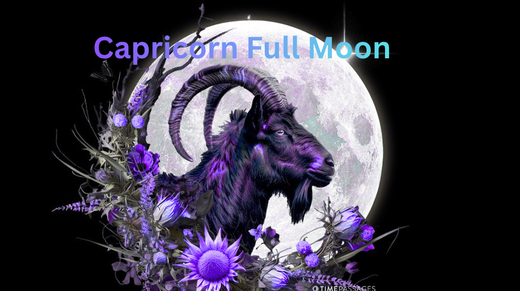 Goat superimposed over a full moon in shades of purple with flowers on the bottom and text saying Capricorn Full moon