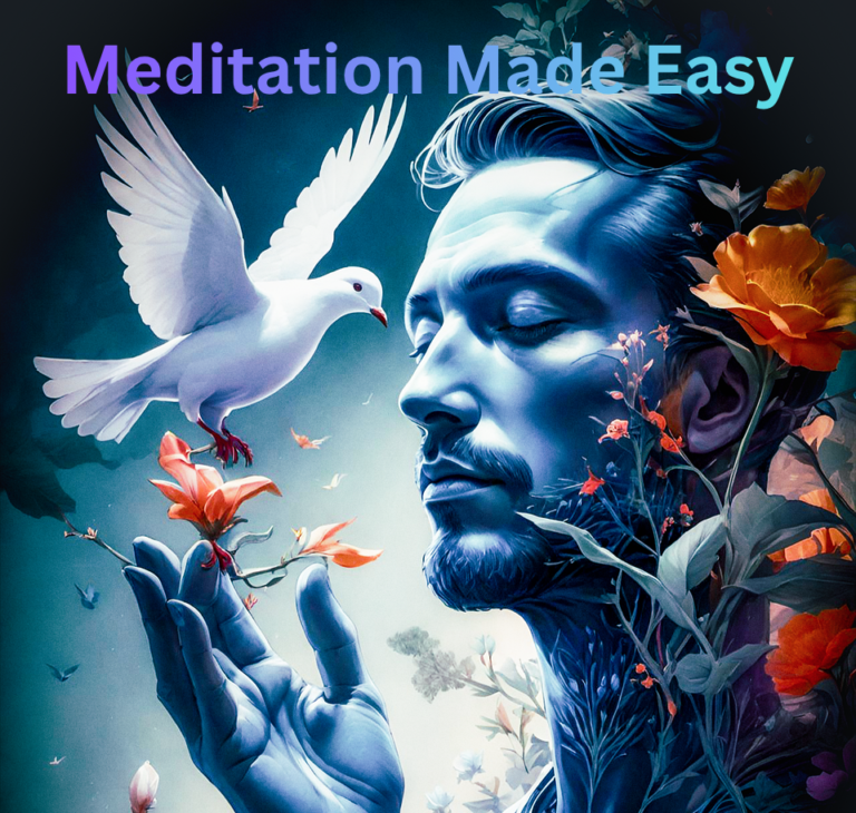 Man's face in profile with closed eyes and a white dove on his finger tip in front all in shades of blue with Text mediation made easy