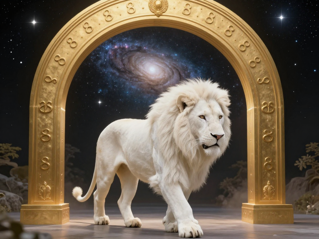 White lion walking through a golden archway with the galactic center in the background